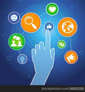 Vector touchscreen concept - hand touching internet sign with social media icons