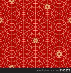 Vector Traditional Chinese, Korean or Japanese Geometric and Floral Seamless Pattern for Lunar New Year, Celebration, Fabric and Wrapping Paper Print. Red and Gold.