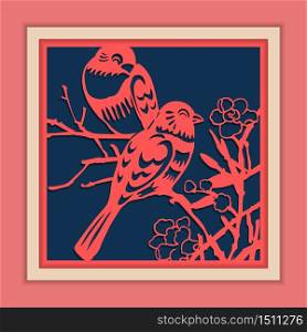 Vector Traditional Framed Chinese Paper Cutting Art, Classic Blue & Pink.