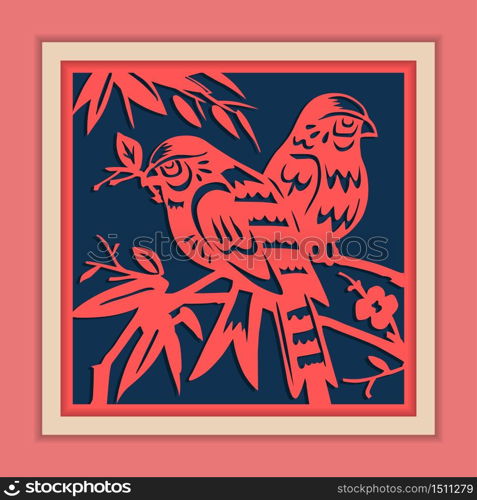 Vector Traditional Framed Chinese Paper Cutting Art, Classic Blue & Pink.