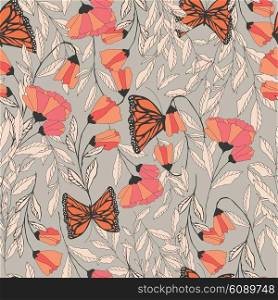 Vector traditional seamless pattern with Monarch butterflies, floral elements and spring flowers, vector illustration