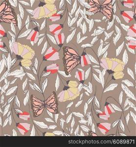 Vector traditional seamless pattern with Monarch butterflies, floral elements and spring flowers, vector illustration