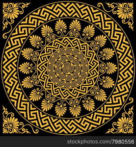 vector Traditional vintage gold Greek ornament Meander. set Traditional vintage golden round Greek ornament Meander and floral pattern on a black background