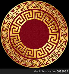 vector Traditional vintage gold Greek ornament, Meander. Traditional vintage Golden round Greek ornament, Meander pattern on red and black background
