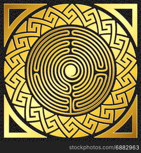 vector Traditional vintage gold Greek ornament, Meander. Traditional vintage Golden round Greek ornament, Meander pattern on black background