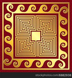 vector Traditional vintage gold Greek ornament, Meander. Traditional vintage Golden square Greek ornament, Meander pattern on a red background