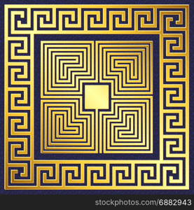 vector Traditional vintage gold Greek ornament, Meander. Traditional vintage Golden square Greek ornament, Meander pattern on blue background