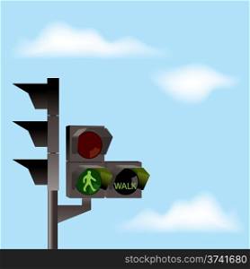 vector traffic lights with green color and blue sky with clouds