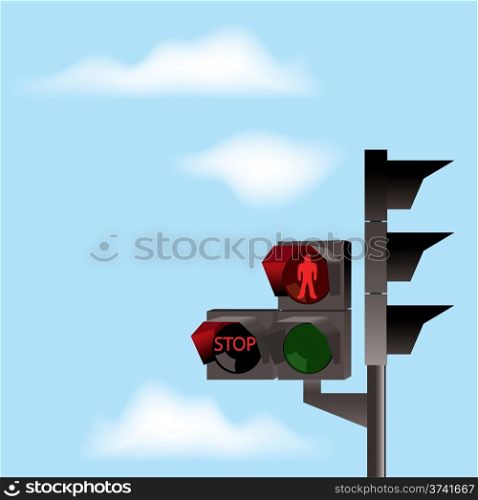 vector traffic lights with red color and blue sky with clouds