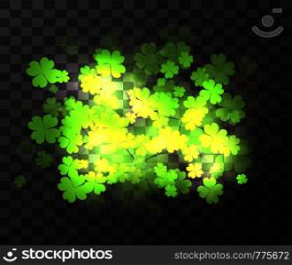 Vector transparent element with a happy four-leaf clover, sparks and blurred bokeh. St.Patrick 's Day. Celebratory element for your design. Vector transparent element with a happy four-leaf clover