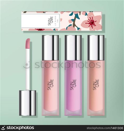 Vector Transparent Frosted Plastic Lip Gloss Packaging with Gloss Silver Plated Applicator Cap. Sakura Printed Carton Box.