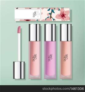 Vector Transparent Frosted Plastic Lip Gloss Packaging with Gloss Silver Plated Applicator Cap. Sakura Printed Carton Box.