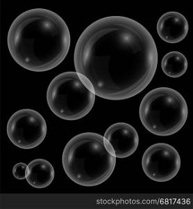 Vector Transparent Soap Bubbles Isolated on Black Background. Vector Transparent Soap Bubbles Isolated