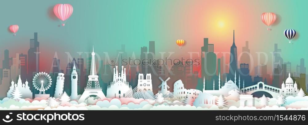Vector travel landmarks of Europe with skyscraper and colorful sunrise, Traveling world famous capital architecture panorama city popular tower landmark, Origami paper art gradient for postcard tour.