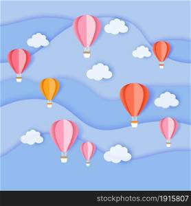Vector travel origami paper cut background.Flying colorful balloons.. Flying colorful balloons among the clouds and sky.