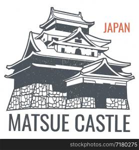 Vector travel poster with japanese sight castle silhouette. Illustration of silhouette castle japanese building. Vector travel poster with japanese sight castle silhouette