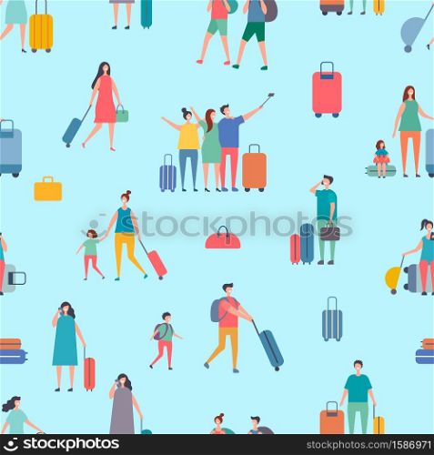 Vector travellers, people with suitcase and bags seamless pattern. Illustration of travel and tourism, vacation people with bag. Vector travellers, people with suitcase and bags seamless pattern