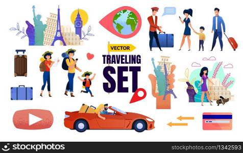 Vector Travelling Set with Cartoon Happy Tourists Family Characters. Parents and Children with Luggage Bags or Backpacks. People during Car Tour, Voyage in Europe. Video Review. Vector Illustration. Vector Travelling Set with Happy Tourists Family