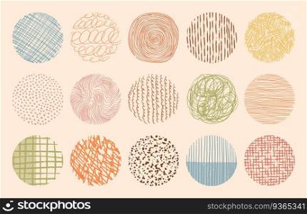 Vector trendy color circle textures made with ink, pencil, brush. Set of hand drawn patterns. Geometric doodle shapes of spots, dots, strokes, stripes, lines. Template for social media or posters.