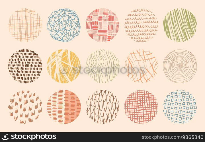 Vector trendy colorˆ≤textures made with ink, pencil, brush. Set of hand drawn patterns. Geometric dood≤shapes of spots, dots, strokes, stripes, li≠s. Template for social media or posters.