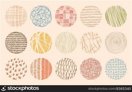Vector trendy colorˆ≤textures made with ink, pencil, brush. Set of hand drawn patterns. Geometric dood≤shapes of spots, dots, strokes, stripes, li≠s. Template for social media or posters.