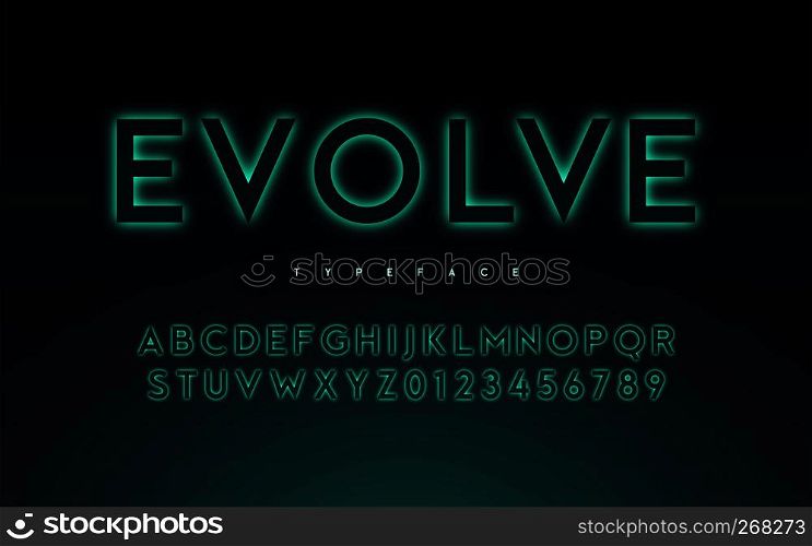 Vector trendy neon light or eclipse style glowing font design, alphabet, typeface, letters and numbers.. Vector trendy neon light or eclipse style glowing font design, a