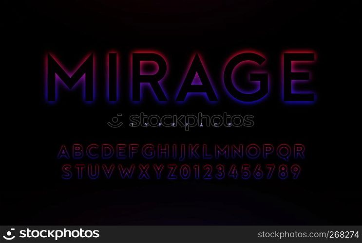 Vector trendy neon light or eclipse style glowing font design, alphabet, typeface, letters and numbers. Swatch color control. Vector trendy neon light or eclipse style glowing font design