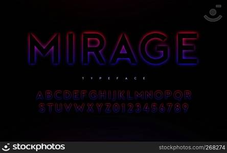 Vector trendy neon light or eclipse style glowing font design, alphabet, typeface, letters and numbers. Swatch color control. Vector trendy neon light or eclipse style glowing font design