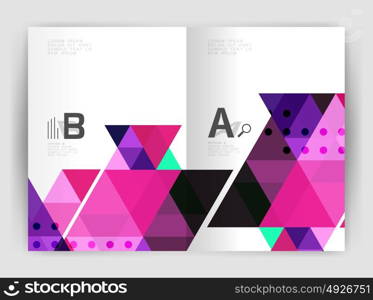 Vector triangle print template. Vector triangle print template. Modern business brochure or leaflet print A4 cover template. Abstract background with color triangles. Vector design for workflow layout, diagram, number options or web design