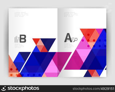 Vector triangle print template. Vector triangle print template. Modern business brochure or leaflet print A4 cover template. Abstract background with color triangles. Vector design for workflow layout, diagram, number options or web design