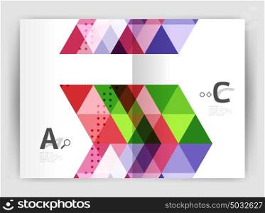 Vector triangle print template. Vector triangle print template. Modern business brochure or leaflet print A4 cover template. Abstract background with color triangles. Vector design for workflow layout, diagram, number options or web design