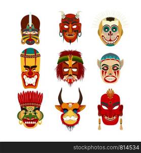 Vector tribal masks set, isolated objects over white background