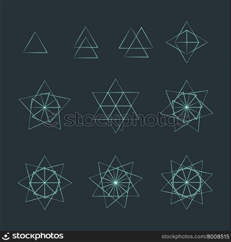 vector trigon light outline monochrome variations delta sacred geometry decoration elements collection isolated dark background &#xA;