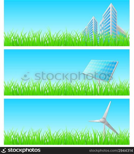 Vector triptych of objects on detailed grass. Apple, ladybird on a leaf, tree. Concept of new ecological nature friendly lifestyle. One of a series.