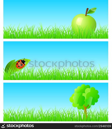 Vector triptych of objects on detailed grass. Apple, ladybird on a leaf, tree. Concept of new ecological nature friendly lifestyle. One of a series.