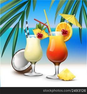 Vector tropical cocktails Tequila Sunrise and Pina Colada on azure seaside with palm leaves background. Tropical cocktails Tequila Sunrise and Pina Colada