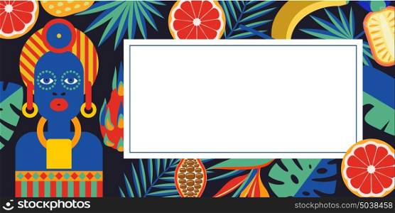 Vector tropical frame with place for text. Bright illustration with a black woman, tropical fruits and palm leaves.