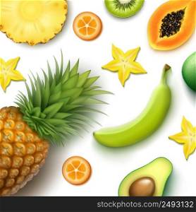 Vector tropical fruits background with whole and half cut pineapple, kiwi, papaya, banana, carambola, kumquat top view. Tropical fruits background