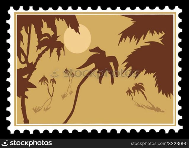 vector tropical landscape on postage stamps