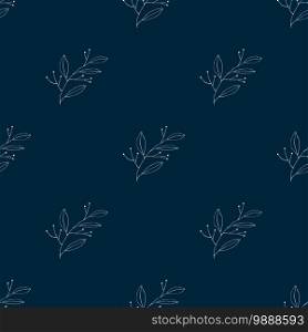 Vector tropical leave wallpaper. Modern abstract garden floral or botanical illustration on dark blue backdrop. Summer foliage, seamless pattern in hand drawn style