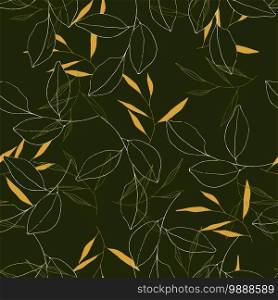 Vector tropical leave wallpaper. Modern abstract garden floral or botanical illustration on dark green backdrop. Yellow or orange summer foliage, seamless pattern in hand drawn style
