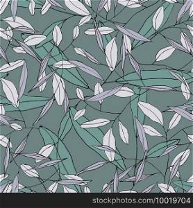  Vector tropical leave wallpaper. Modern abstract garden floral or botanical illustration on pastel green backdrop. Summer violet foliage, seamless pattern in hand drawn style 