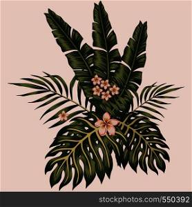 Vector tropical leaves and frangipani (plumeria) flowers spring composition hawaiian style