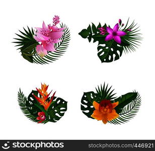 Vector tropical palm leaves and exotic flower elements bouquets isolated on white background. Leaf palm and summer hawaii flower bouquet illustration. Vector tropical palm leaves and exotic flower elements bouquets isolated on white background