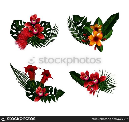 Vector tropical palm leaves and exotic flower elements bouquets isolated on white background illustration. Vector tropical palm leaves and exotic flower
