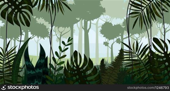 Vector tropical rainforest Jungle landscape background with leaves, fern, isolated. Vector tropical rainforest Jungle landscape background with leaves, fern, isolated, illustrations