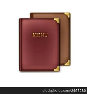 Vector two brown, vinous cafe menu book holders top view isolated on white background. Two menu books