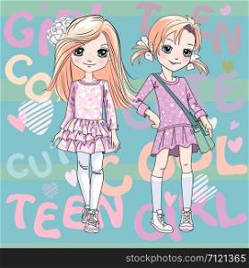 Vector Two cute redhead girls in pink dresses and sneakers. Vector baby girl