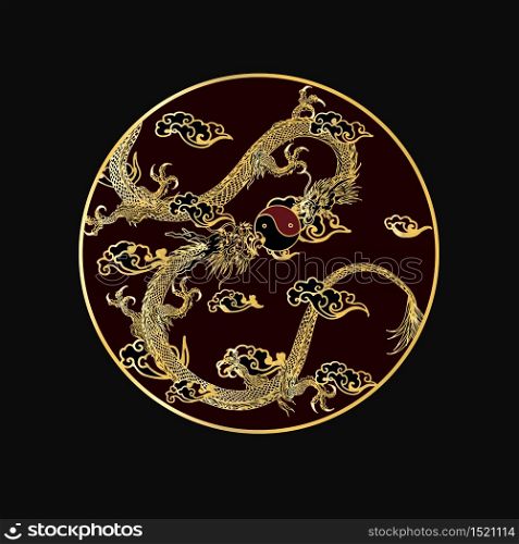 Vector two dragon are occupying a crystal ball on a cloud background.in golden circle.
