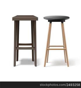 Vector two ocher, brown wooden bar stools with black leather seats front view isolated on white background. Two bar stools